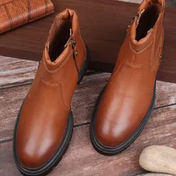 EZOK Men Tan Brown Leather Chelsea Boots-image-65
