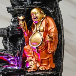 CHRONIKLE Golden Brown Polyresin Tabletop Laughing Buddha 6 Step Indoor Water Fountain for Home Decor with LED, Speed Control Pump (Size: 37 x 28 x 57 CM | Weight: 3260Gram) image 4