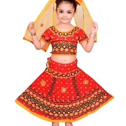 ahhaaaa Girls Red & Yellow Embroidered Ready to Wear Cotton Lehenga & Choli With Dupatta-image-14