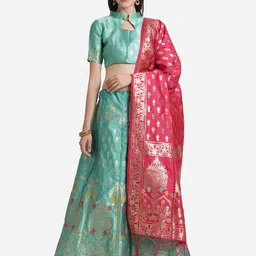 Mitera Teal & Pink Unstitched Lehenga & Blouse With Dupatta-picture-21