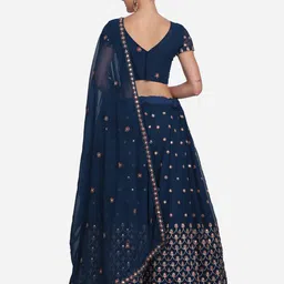 Warthy Ent Teal Blue & Golden Embroidered Semi-Stitched Lehenga Unstitched Blouse Dupatta image 5