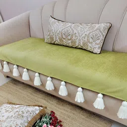 THROWPILLOW Olive Green & Off White Anti Slip Tassels Sofa Cover-image-95