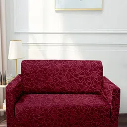 Cortina Burgundy Geometric Printed Stretchable 2-Seater Sofa Cover-image-26
