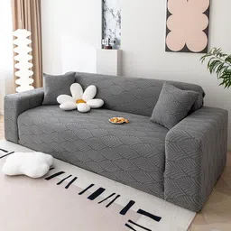 HOUSE OF QUIRK Grey Self Design Jacquard Stretchable 4 Seater Sofa Cover With Arms-picture-16