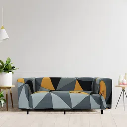 HOUSE OF QUIRK Grey & Mustard-Yellow Printed 3-Seater Stretchable Non-Slip Sofa Slipcover-image-91