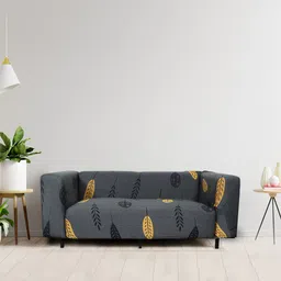 HOUSE OF QUIRK Grey & Mustard-Yellow Printed 2-Seater Stretchable Non-Slip Sofa Slipcover-picture-22