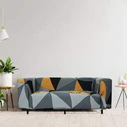 HOUSE OF QUIRK Grey & Orange Geometric Printed 3 Seater Stretchable Sofa Covers-picture-42