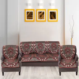 Nendle Maroon & Grey 6 Pieces Printed Cotton 5-Seater Sofa Covers-picture-53