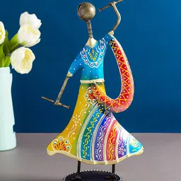 Golden Peacock Blue & Yellow Gujarati Women Playing Dandia Garba Figurine Showpiece-picture-40