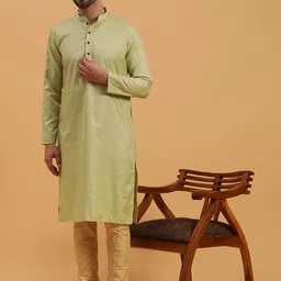 NAMASKAR Ethnic Motifs Woven Design Mandarin Collar Silk Straight Kurta-image-86