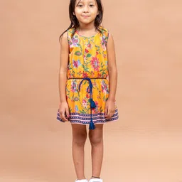 Sangria Girls Orange Floral Printed Pure Cotton A-line Mini Dress-picture-33
