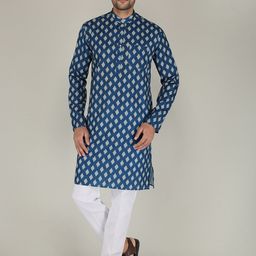 FUBAR Men Blue Ethnic Motifs Printed Pure Cotton Kurta with Pyjamas-picture-33