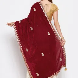Clora Creation Maroon & Gold-Toned Ethnic Motifs Velvet Dupatta with Gotta Patti image 2