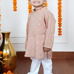Polka Tots Boys Ethnic Motifs Woven Design Mandarin Collar Pure Cotton Kurta With Pyjamas-picture-51