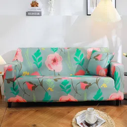 HOUSE OF QUIRK Green & Pink Printed 2-Seater Stretchable Non-Slip Sofa Slipcover image 3