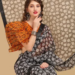 Sangria Black & White Floral Organza Saree-image-56
