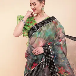 Sangria Black & Red Floral Sequinned Organza Saree-picture-13