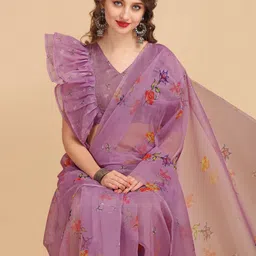 Sangria Lavender & Red Floral Printed Organza Saree-picture-23