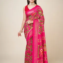 RAJ DHARMA SILK Ethnic Motifs Printed Zari Patola Saree-picture-24