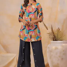 JISORA Navy Blue Geometric Printed Boat Neck Pure Silk Tunic & Pyjama-picture-37