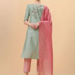Berrylicious Women Sea Green Floral Embroidered Chanderi Cotton Kurta with Trousers & With Dupatta-image-26