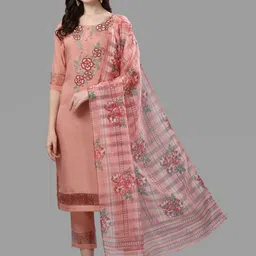 Berrylicious Women Peach-Coloured Embroidered Chanderi Cotton Kurta with Trousers-image-65
