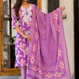 Sangria Printed Yoke Embroidered Kurta With Trousers & Dupatta Set-picture-26