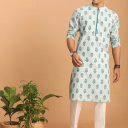 SHVAAS by VASTRAMAY Ethnic Motifs Printed Band Collar Pure Cotton Sustainable Kurta With Trousers image 1