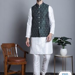 Jompers Band Collar Straight Kurta & Pyjama With Nehru jacket-picture-40