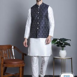 Jompers Band Collar Straight Kurta & Pyjama With Nehru jacket-picture-39