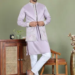 Jompers Floral Embroidered Mandarin Collar Straight Kurta With Pyjamas And Nehru Jacket-picture-39