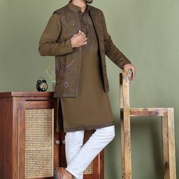 Jompers Mandarin Collar Chikankari Kurta with Pyjamas & Jacket-picture-20