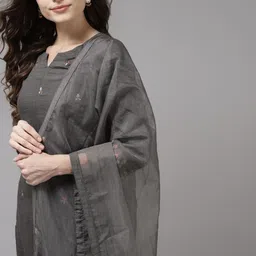 Indo Era Women Grey Floral Embroidered Regular Sequinned Kurta with Trousers & With Dupatta-picture-37
