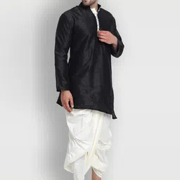 Enciger Men Black Dupion Silk Kurta with Dhoti Pants image 3