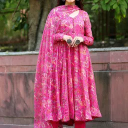 KALINI Floral Printed Regular Anarkali Kurta with Trousers & With Dupatta-picture-35