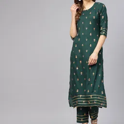 Idalia Women Green & Gold Coloured Ethnic Motifs Printed Gotta Patti Kurta with Trousers-picture-24
