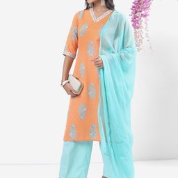 Vishudh Peach & Blue Ethnic Motifs Printed Kurta With Palazzos & Dupatta-picture-49