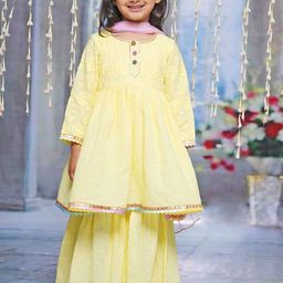 Little Bansi Girls Floral Embroidered Pure Cotton A-Line Kurta With Sharara & Dupatta-picture-10