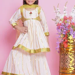 Little Bansi Girls Striped Embroidered Pure Cotton A-Line Kurta With Sharara & Dupatta-picture-20