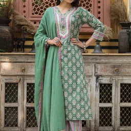 Rain & Rainbow Ethnic Motifs Printed Pure Cotton Kurta With Trousers & Dupatta-picture-10