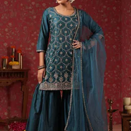 Ishin Ethnic Motifs Embroidered Regular Sequinned Kurta with Sharara & With Dupatta-image-25