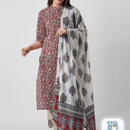 Arayna Floral Printed Regular Pure Cotton Kurta with Trousers & With Dupatta-image-36