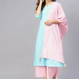 Idalia Women Ethnic Motifs Printed Notch Neck Pure Cotton Kurta with Palazzos & Dupatta-picture-14