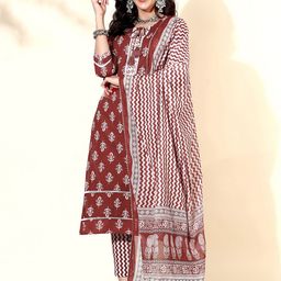 Anouk Maroon & White Ethnic Printed Pure Cotton Straight Kurta With Trousers & Dupatta-picture-24