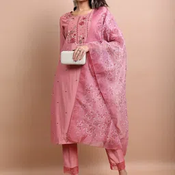 Vishudh Pink Floral Yoke Design Kurta With Trouser And Dupatta-image-80