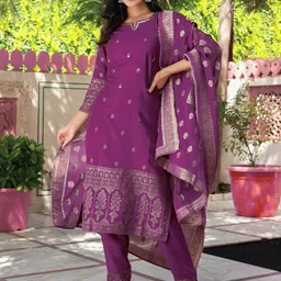 Sangria Purple Ethnic Motifs Embroidered Mirror Work Straight Kurta & Trouser With Dupatta-picture-19