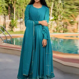 HOUSE OF JAMOTI Round Neck Flared Empire Anarkali Kurta With Trousers & Dupatta-image-28