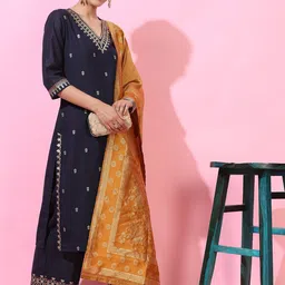 Vishudh Women Navy Blue Ethnic Motifs Kurta with Palazzo & Dupatta-image-99