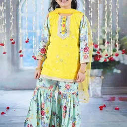 Little Bansi Girls Floral Embroidered Pure Cotton A-Line Kurta With Sharara & Dupatta-picture-54