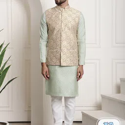 SOJANYA Ethnic Motifs Woven Design Mandarin Collar Kurta With Churidar & Nehrujacket-picture-7